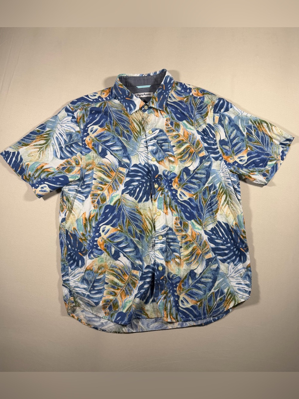 Tommy Bahama Blue, Green and Tan Tropical Leaf Camp Shirt